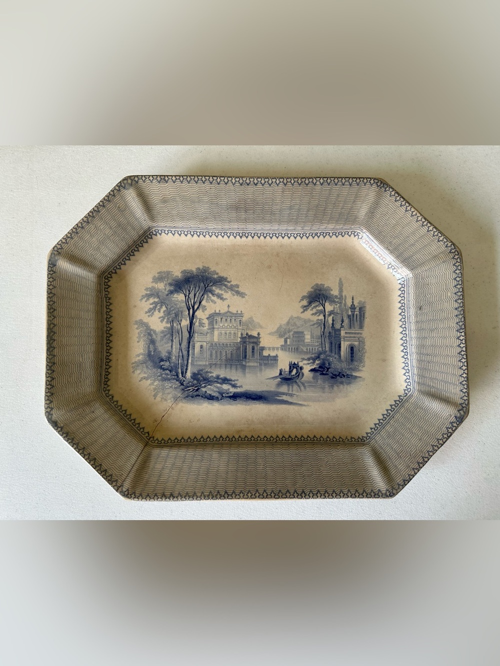 19C Antique English Staffordshire Blue Transferware Platter 15” X 11.5”